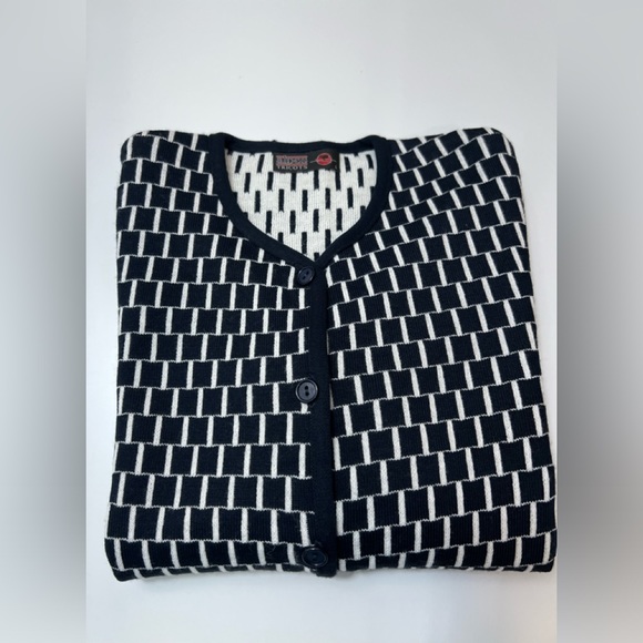 Vg Rare Tricots Alpes Houndstooth Wool Made InGreece Cardigan Sweater Sz L Black - Picture 7 of 12